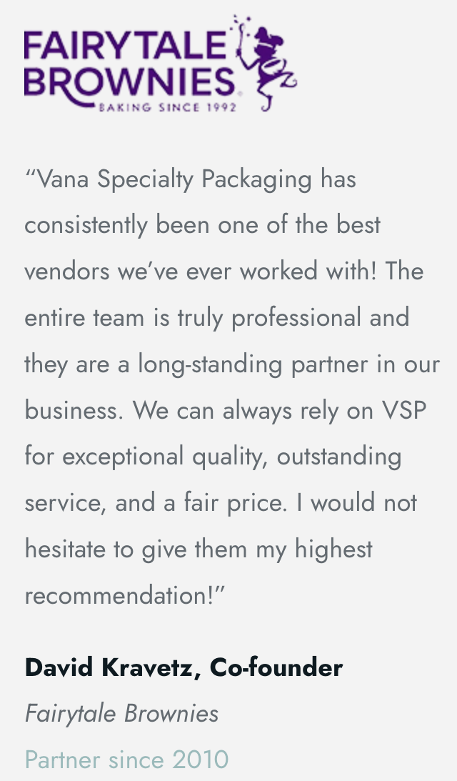 Vana Specialty Packaging Maintains Partnership with Fairytale Brownies